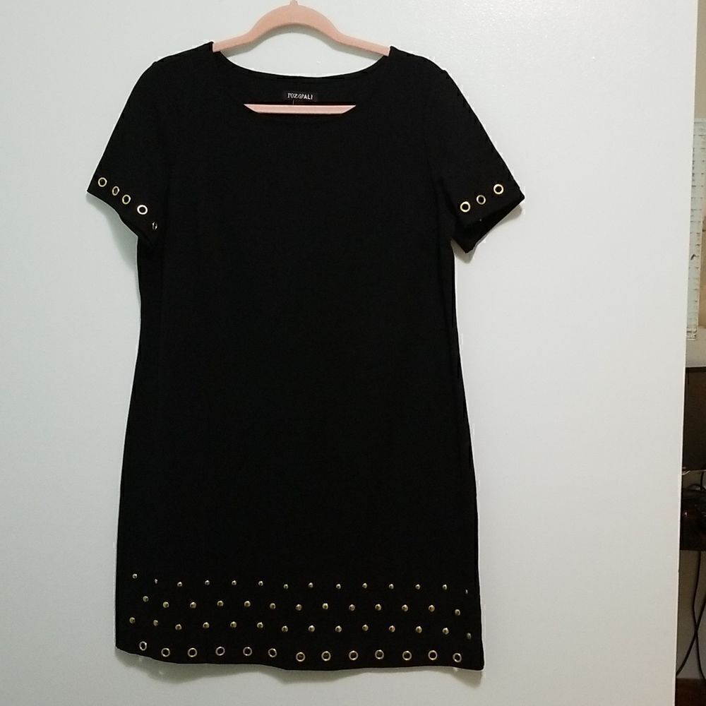 Roz & Ali black, short sleeved dress with gold rivets. Size 12. NWOT.